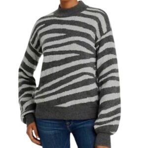 Aqua 100% cashmere grey zebra print high crew neck sweater